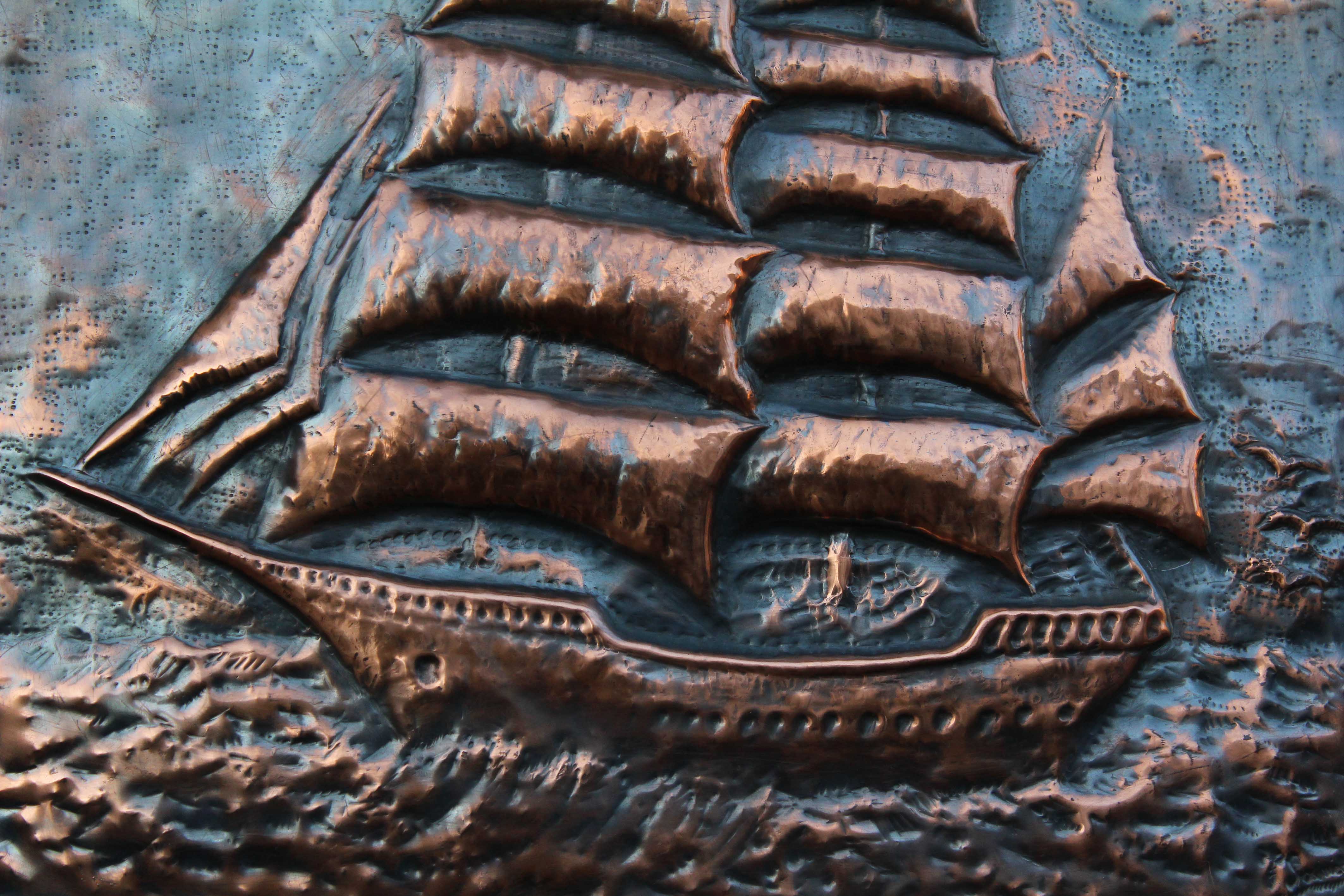 Handmade Copper Ship Wall Art Embossed Copper Panel Nautical Metal Artwork Italian Craftsmanship, photo 4