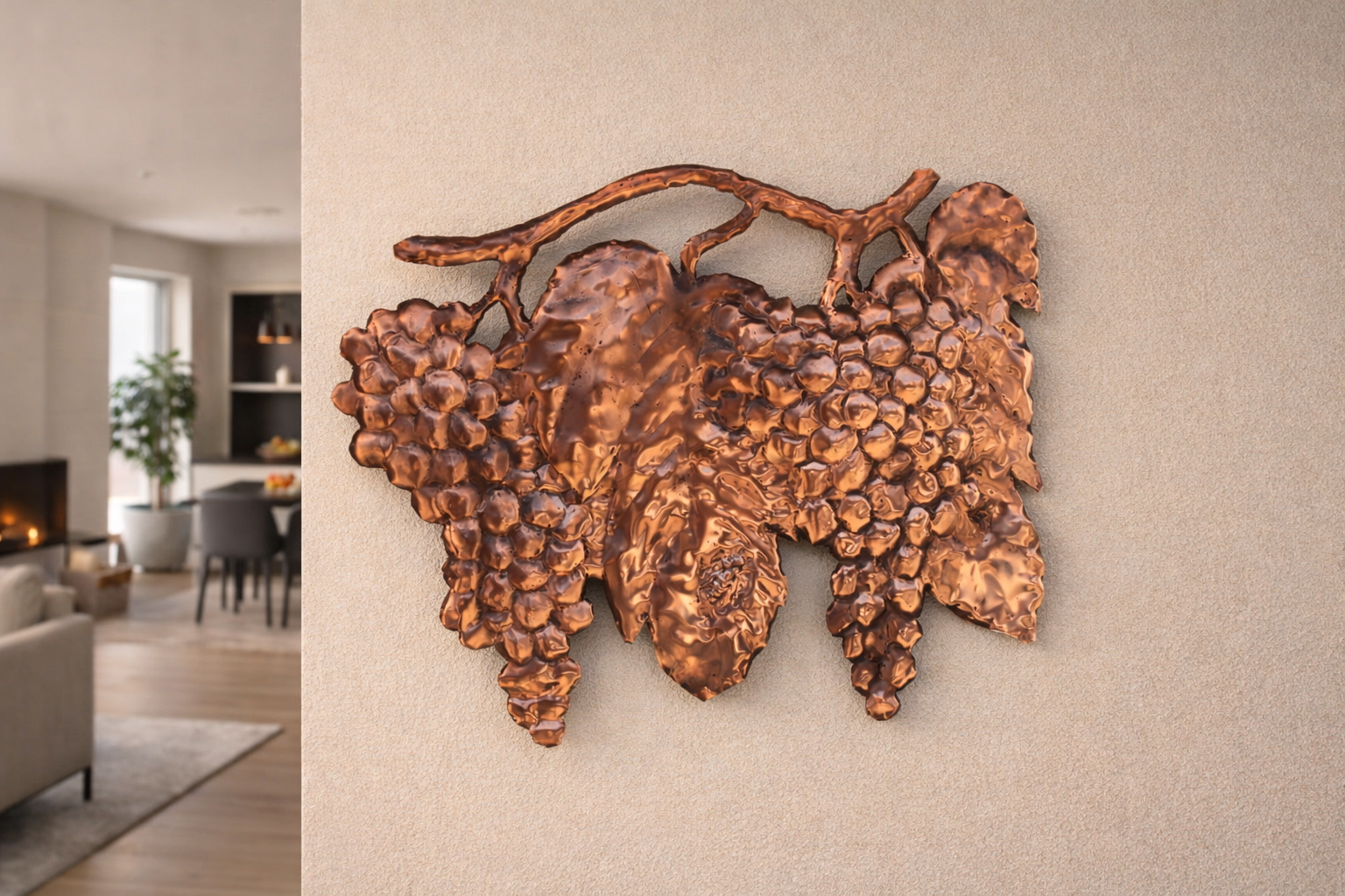 Copper Wall Art for Kitchen or Tavern - Unique Grape with Bumblebee