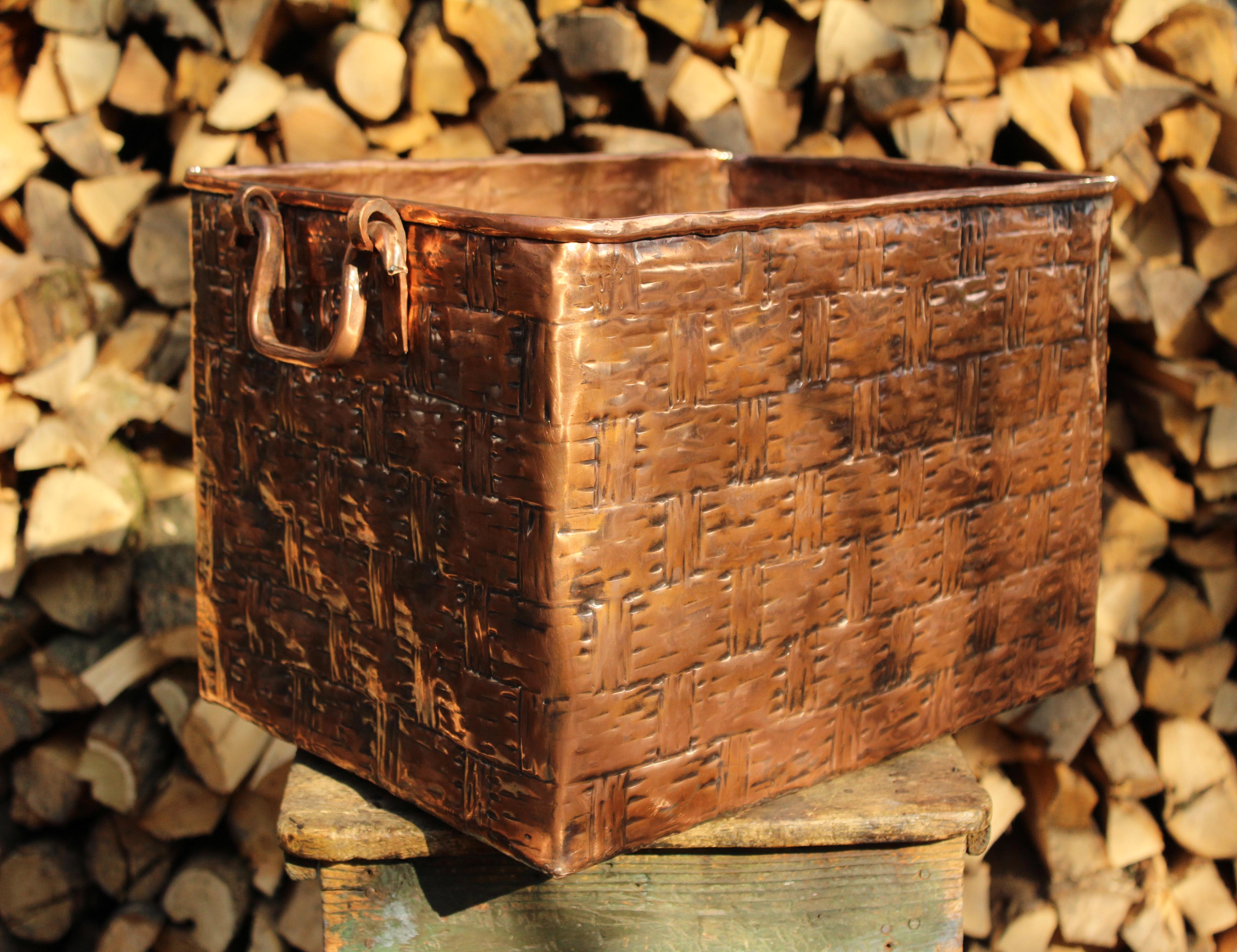 Large Copper Firewood Basket Handmade Fireplace Log Holder Wood Stove Decor Italian Copper Art