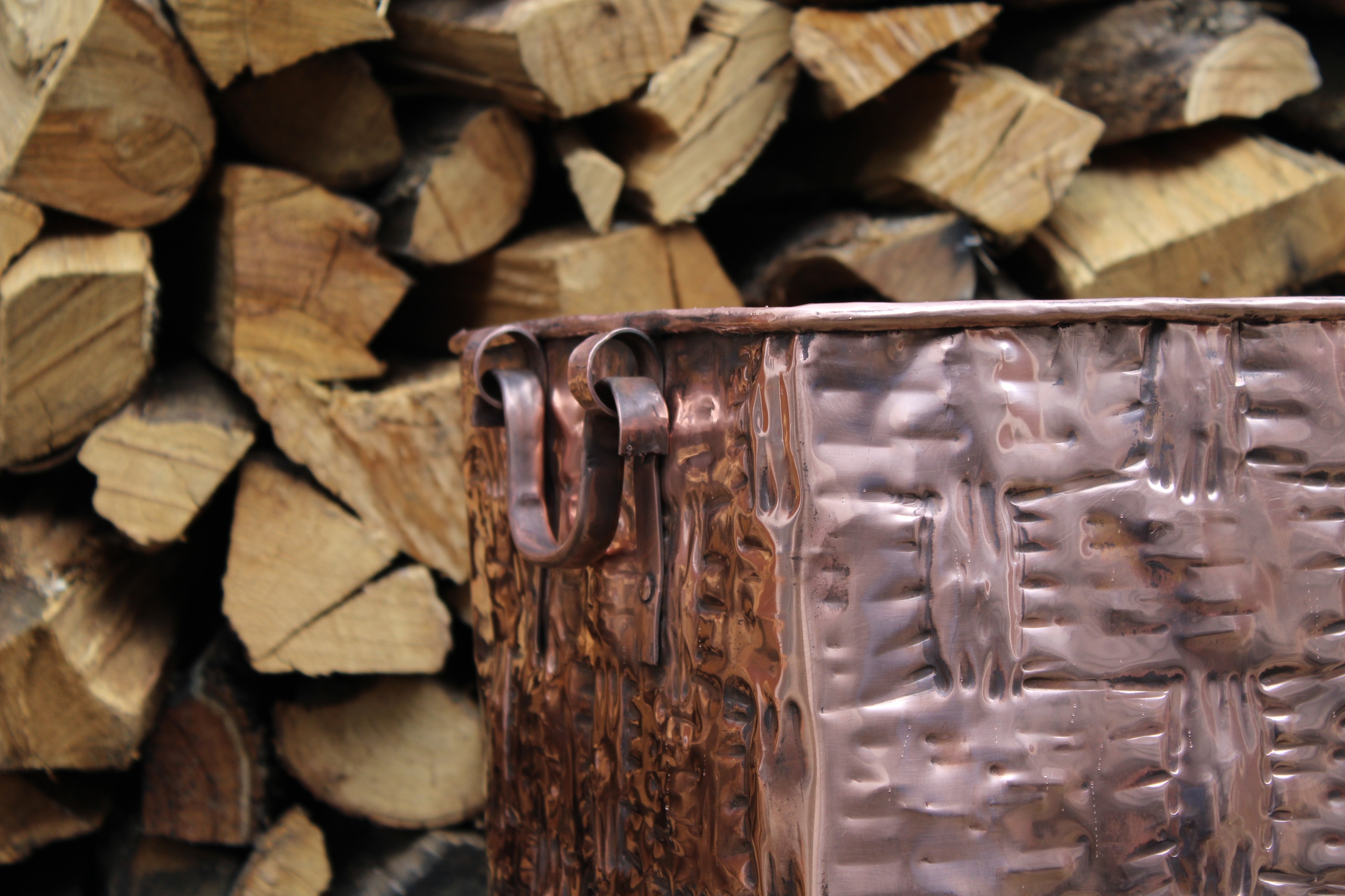 Large Copper Firewood Basket Handmade Fireplace Log Holder Wood Stove Decor Italian Copper Art, photo 5