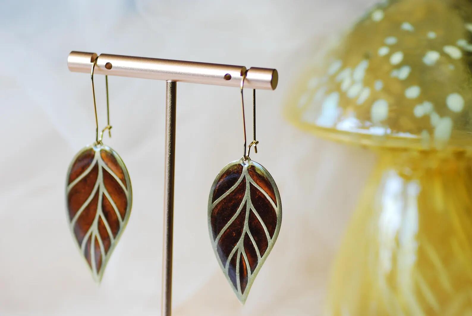 Botanical Gold Leaf Earrings - Shifting Bronze and Gold Leaf Dangles, photo 5