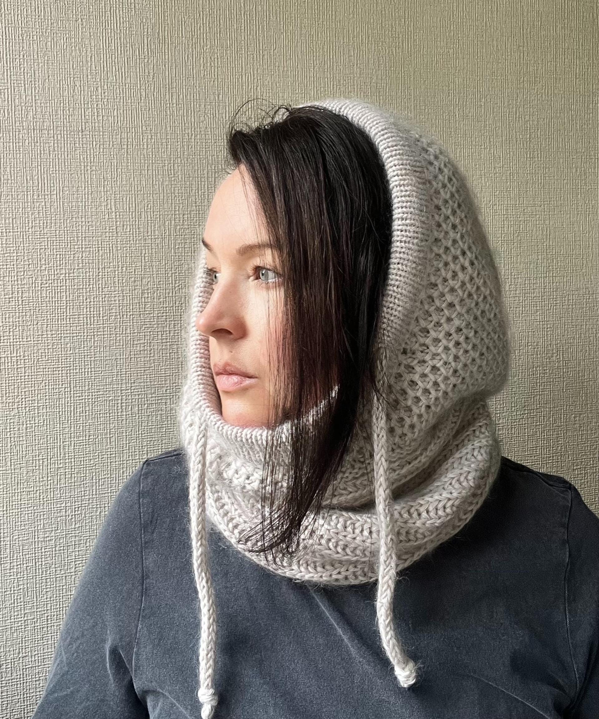 Hand Knit Alpaca Mohair Balaclava Scarf, Women's Winter Hooded Cowl