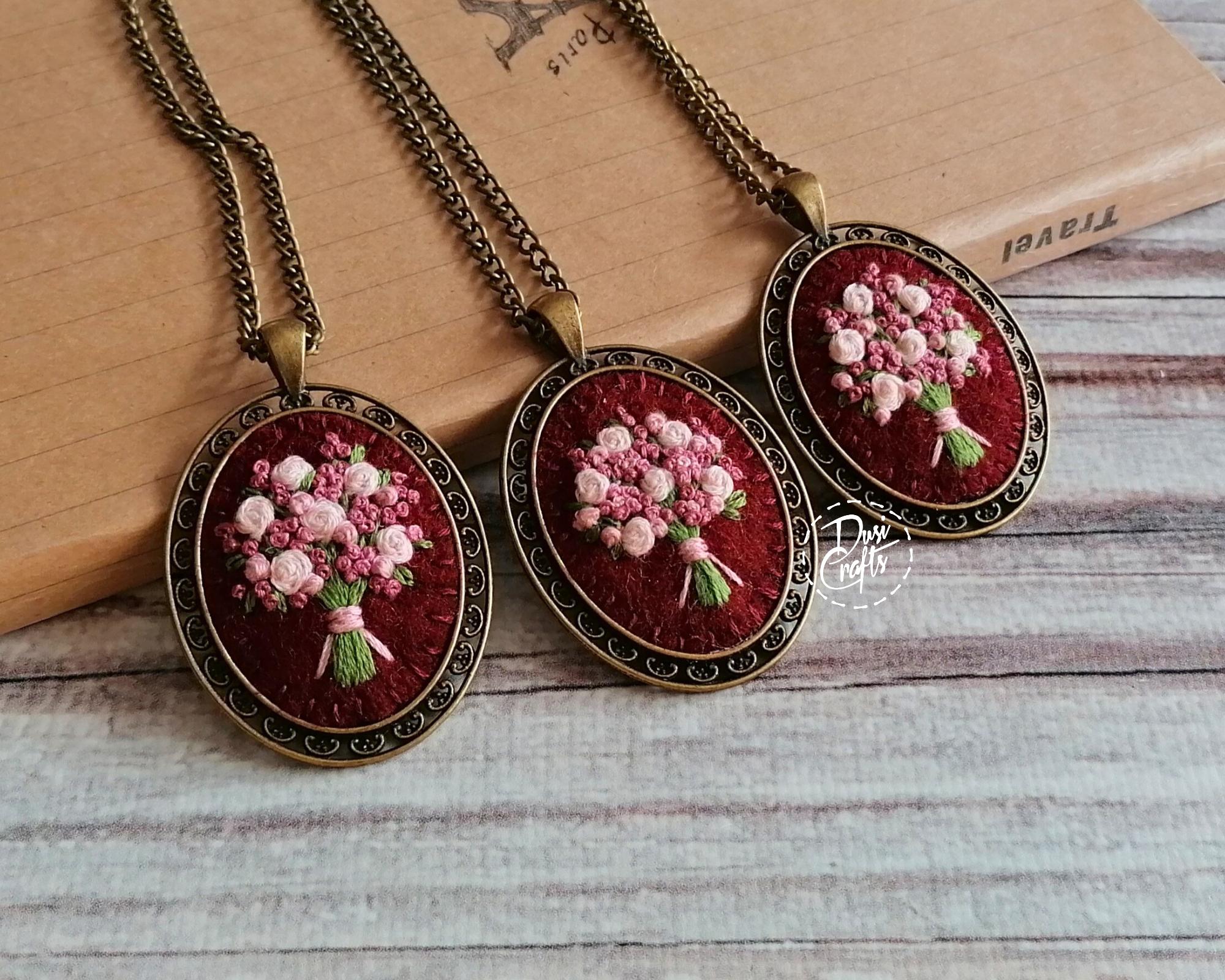 Burgundy Red and Pink Embroidery Necklace, Hand Embroidered Necklace, Pink and White Floral Bouquet Pendant, photo 2