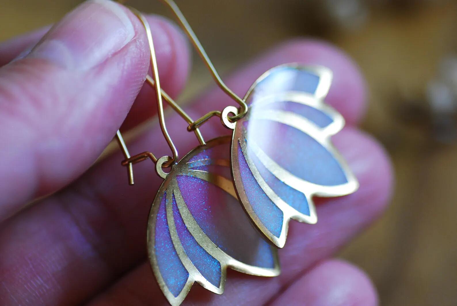 Iridescent Lotus Flower Earrings - White and Pink Pastel Dangles, photo 4