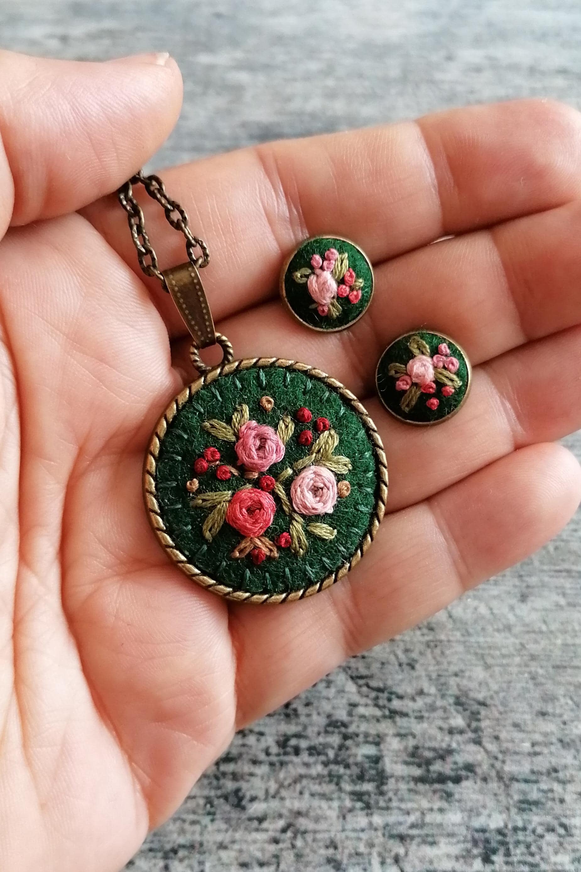 Hand Embroidered Necklace and Earrings, Pink Floral Rose Pendant, Dark Embroidery Necklace