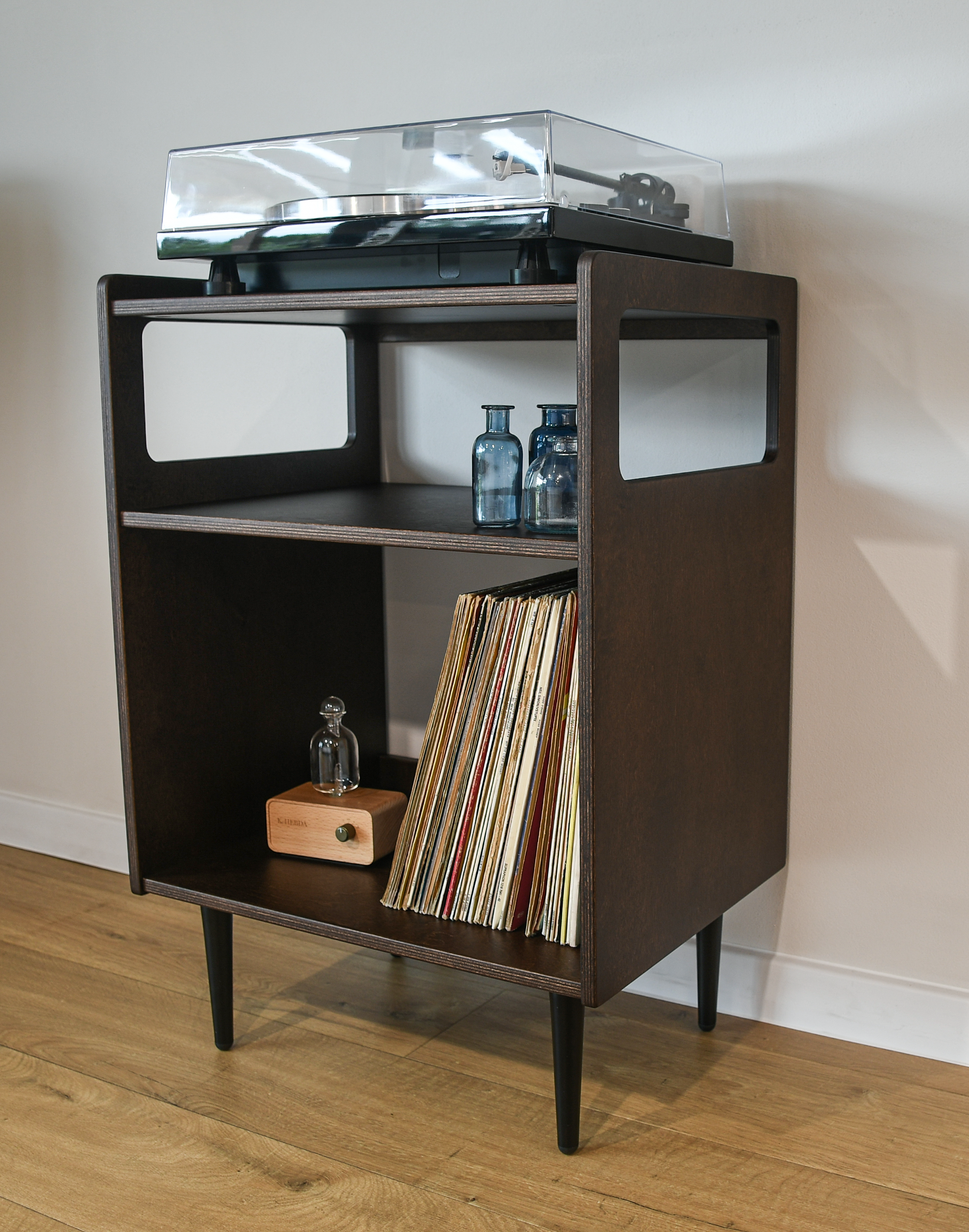 Mid-Century Modern Vinyl Record Storage Cabinet | Dark Brown Turntable Stand | Record Player Table | LP Storage Console, photo 4