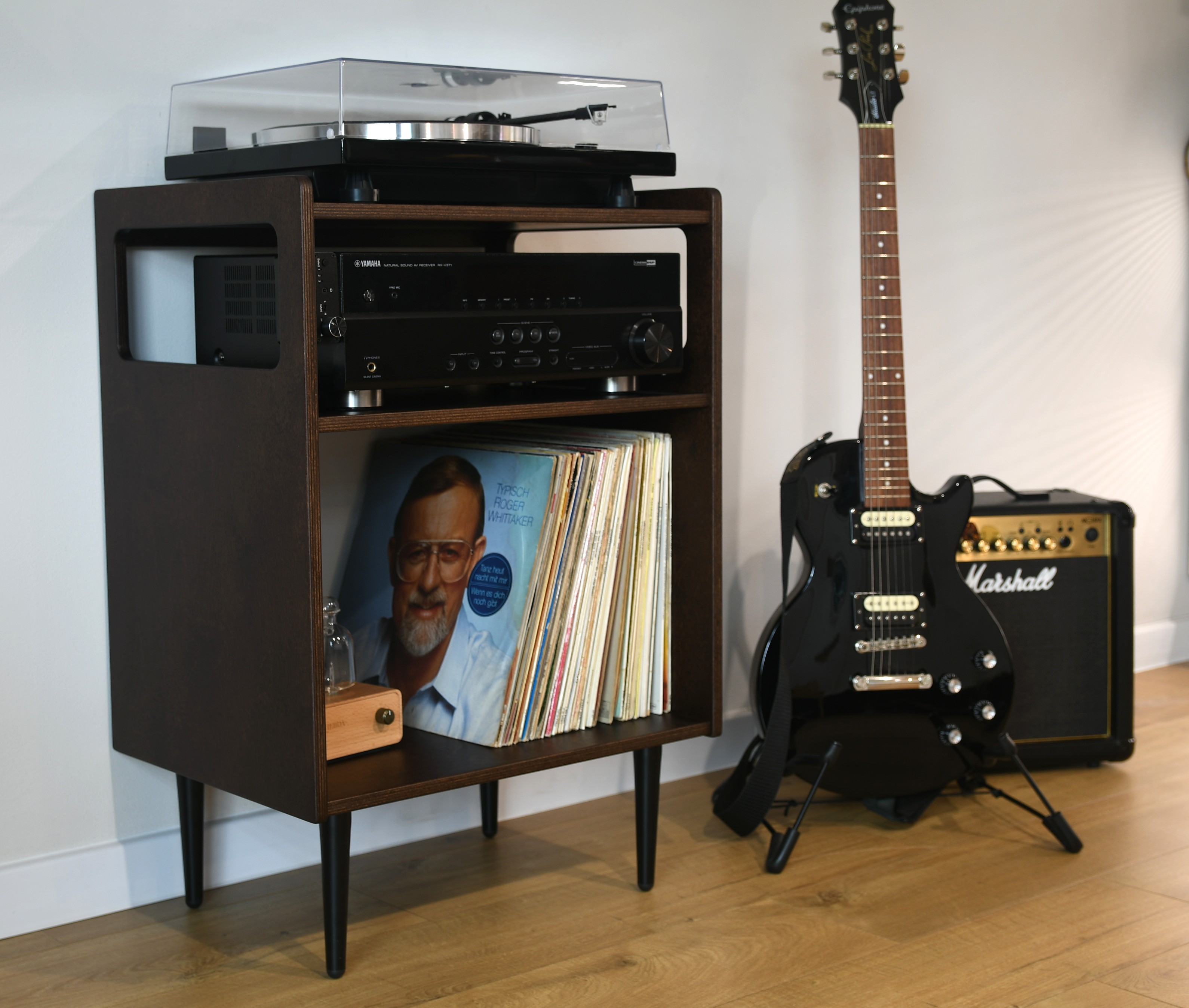 Mid-Century Modern Vinyl Record Storage Cabinet | Dark Brown Turntable Stand | Record Player Table | LP Storage Console