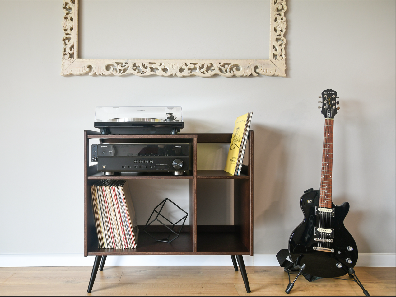 Handmade Plywood Turntable Stand | Dark Brown Vinyl Record Storage Cabinet