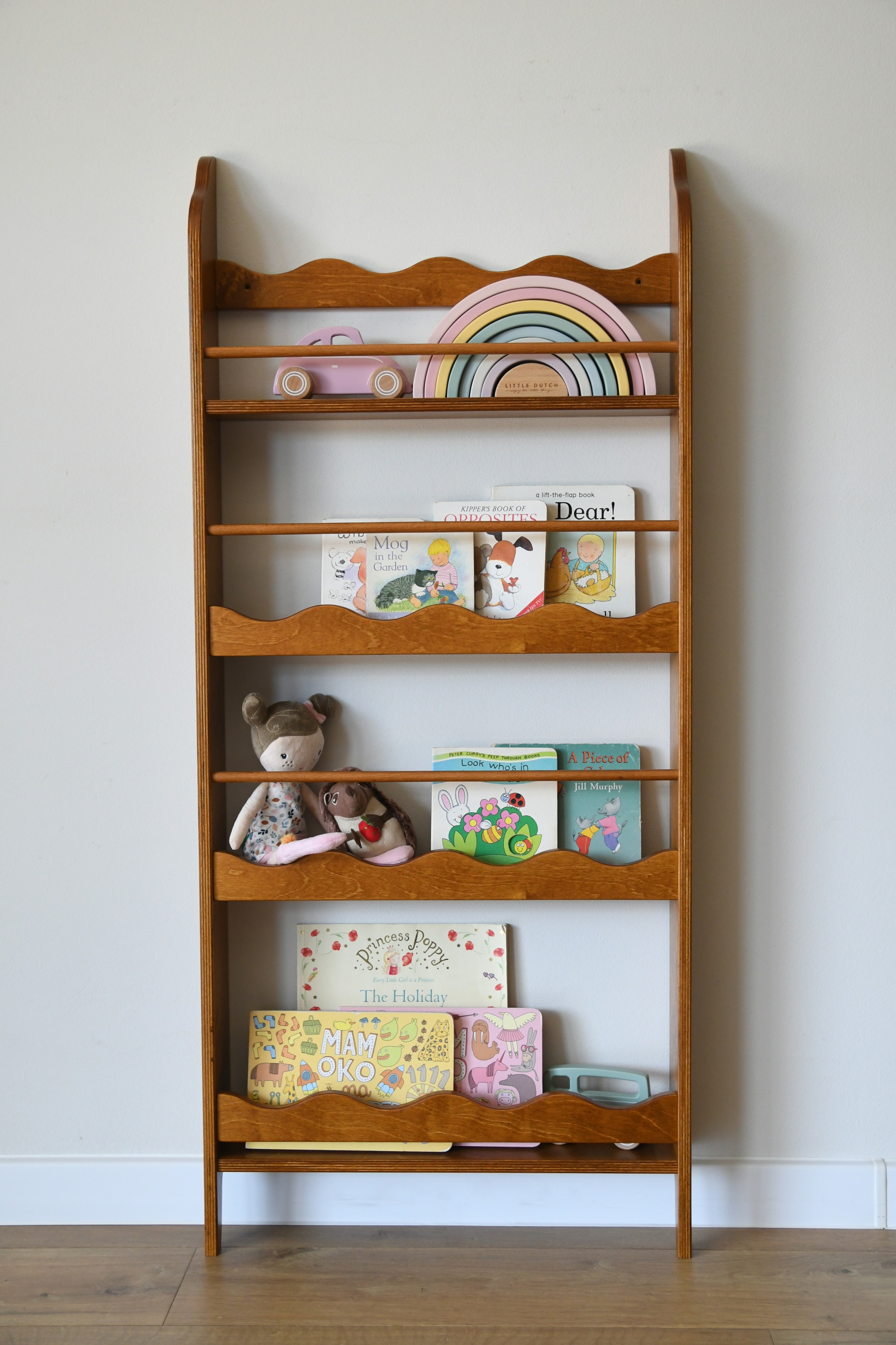 Montessori Bookshelf for Kids Room, Wooden Front Facing Book Display, Wall Shelf, Nursery Bookcase Toddler Gift, Wavy Design Shelves