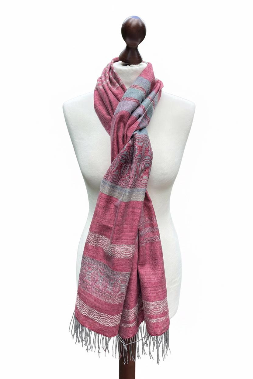 Handwoven Raspberry Silk Scarf – Lily Floral Motif, Green Accents, Artisan Accessory, Personalized with Monogram