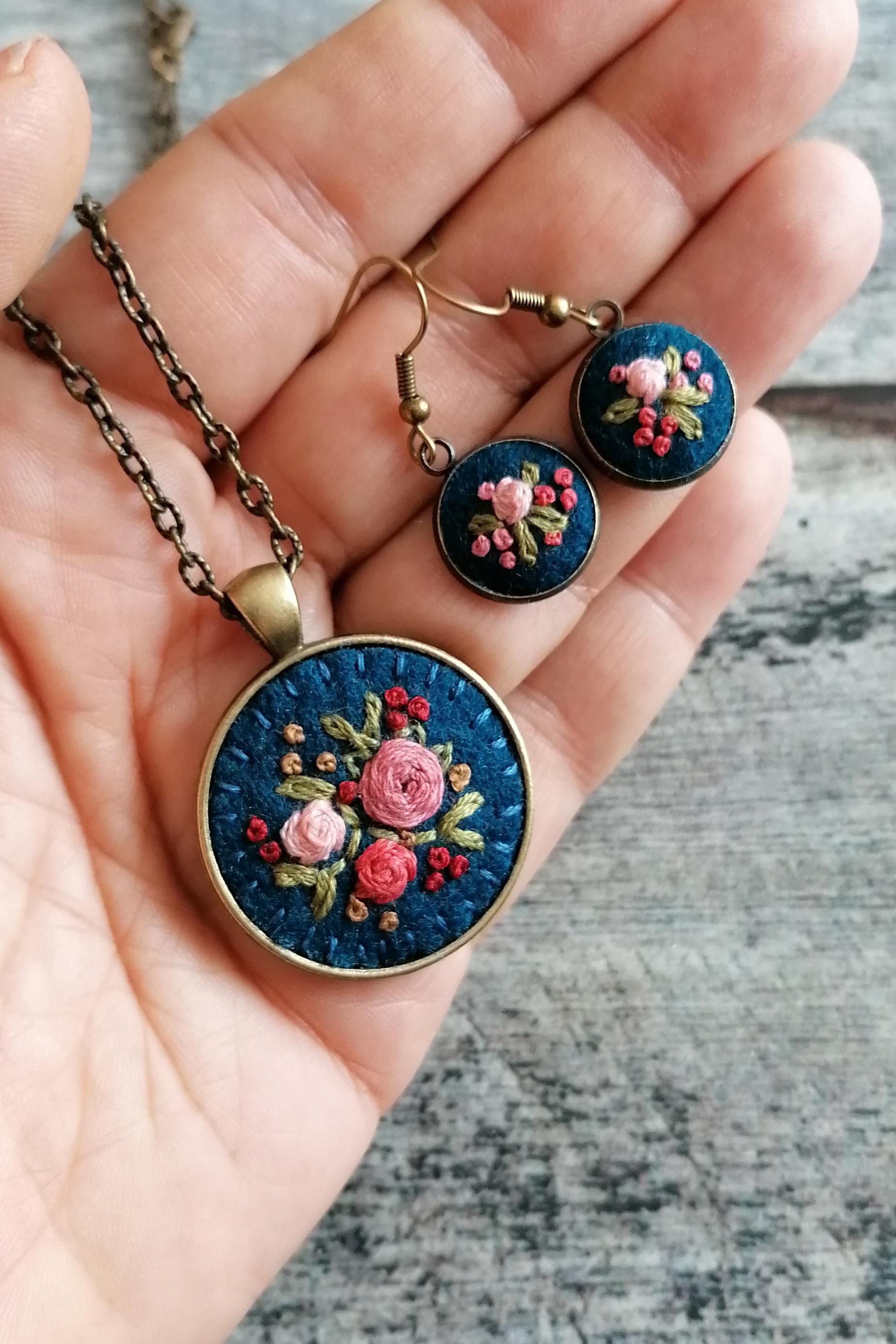 Hand Embroidered Necklace and Earrings, Pink Floral Rose Pendant, Dark Teal Blue Embroidery Necklace, photo 4