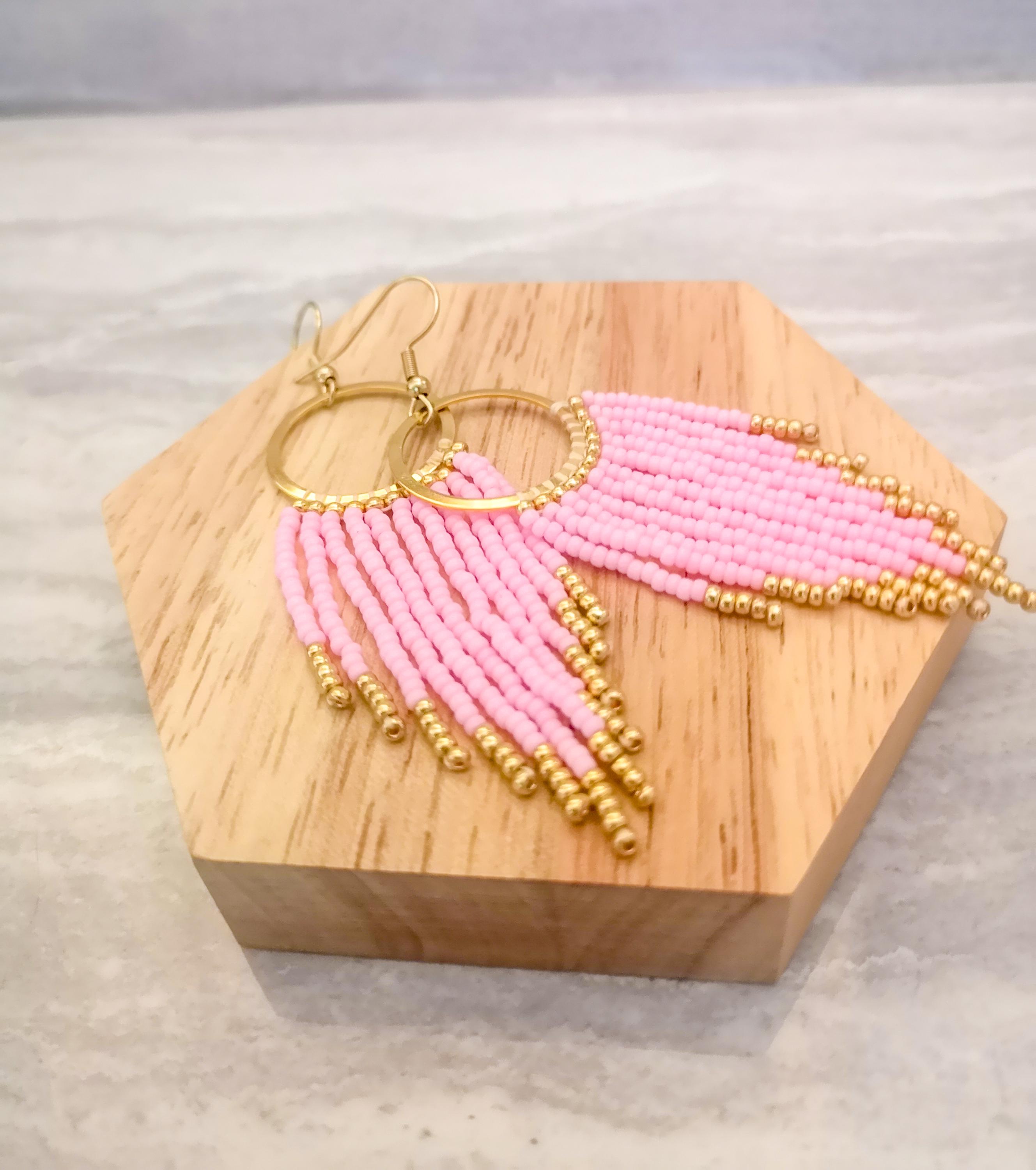 Pink and gold fringe earrings, bohemian beaded earrings, photo 2