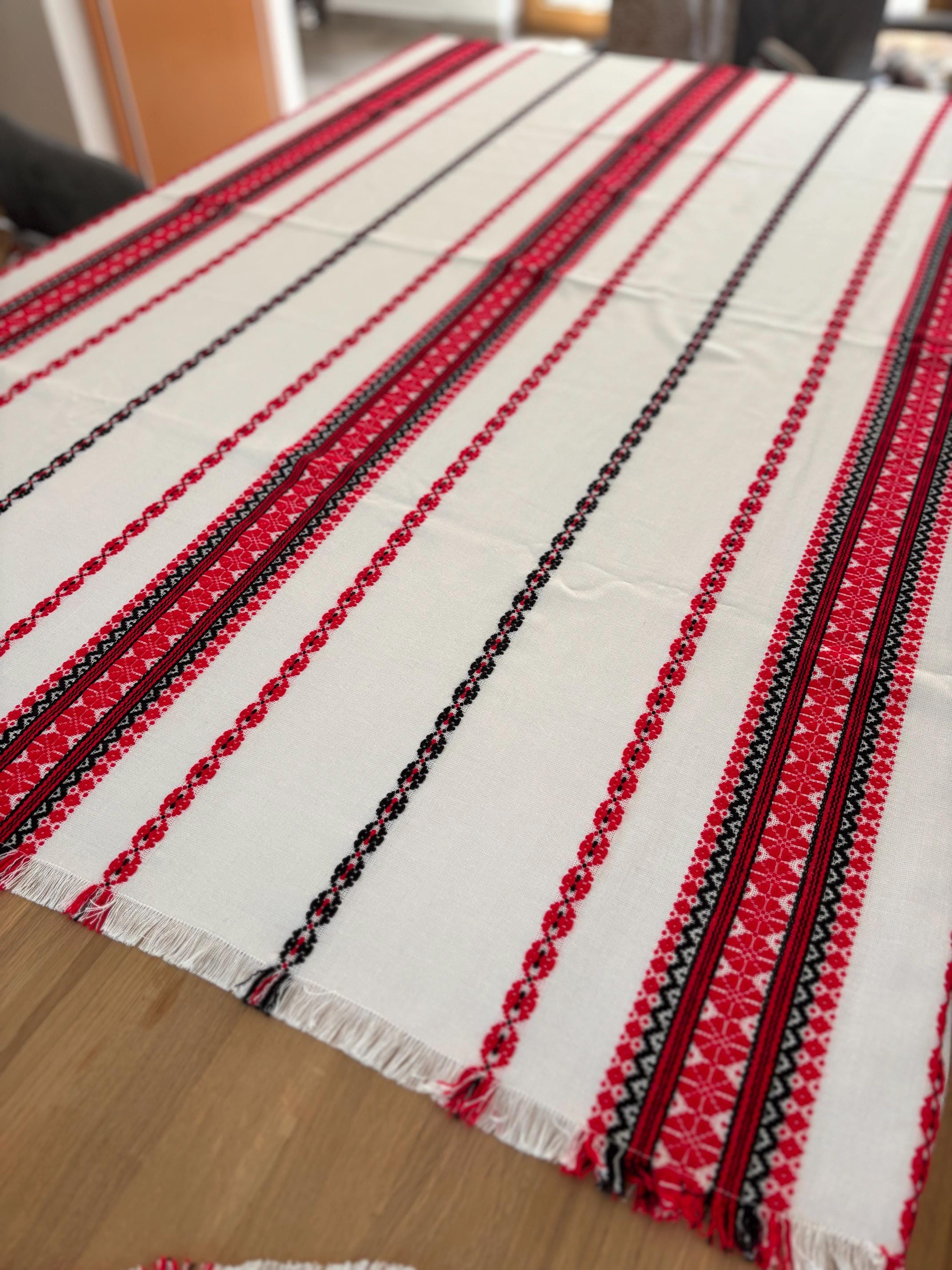 Woven Hungarian Tablecloth and Placemats Set | Red and Black Stripes