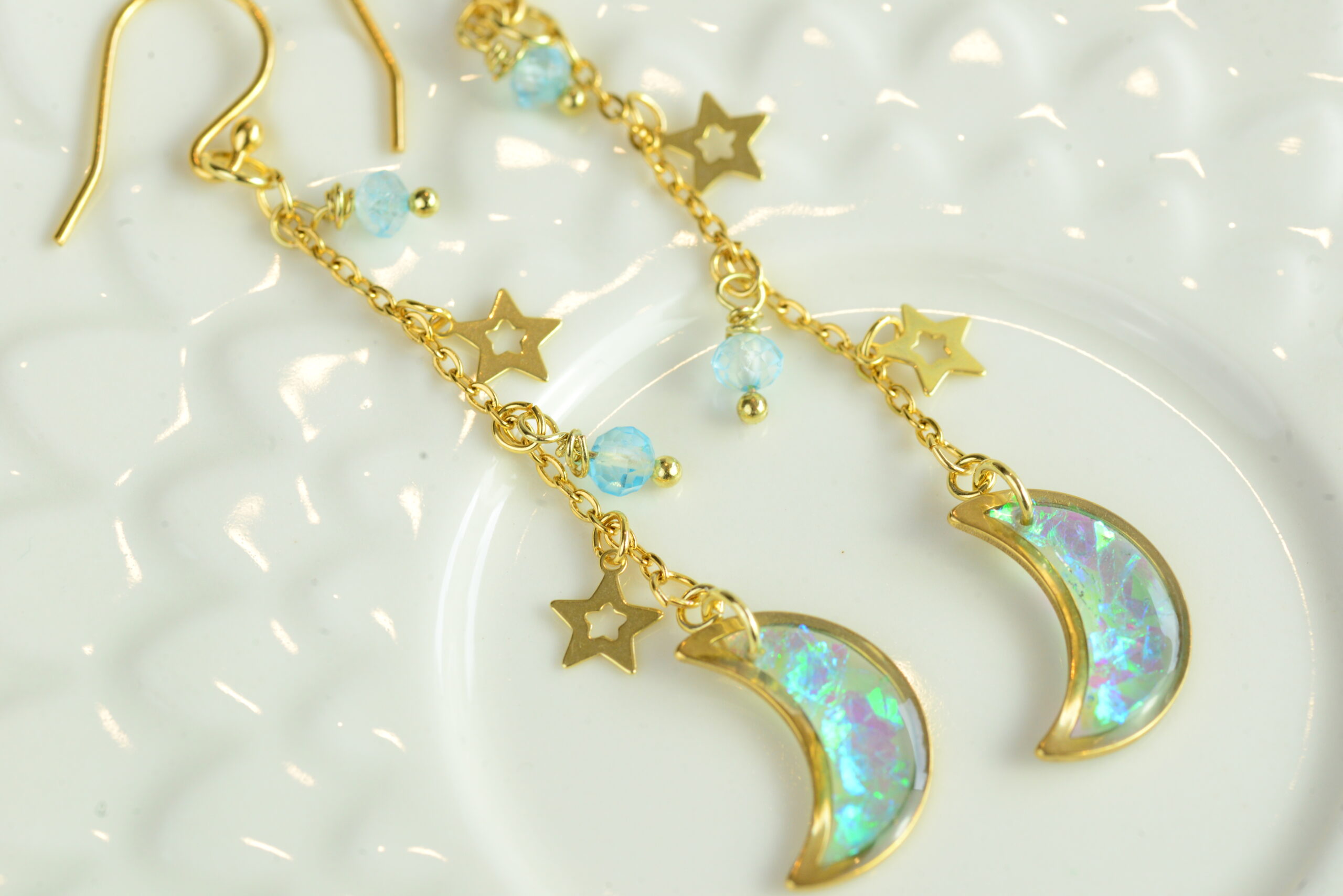 Crescent Moon Earrings With Iridescen Shards And Blue Topaz Bead, photo 2