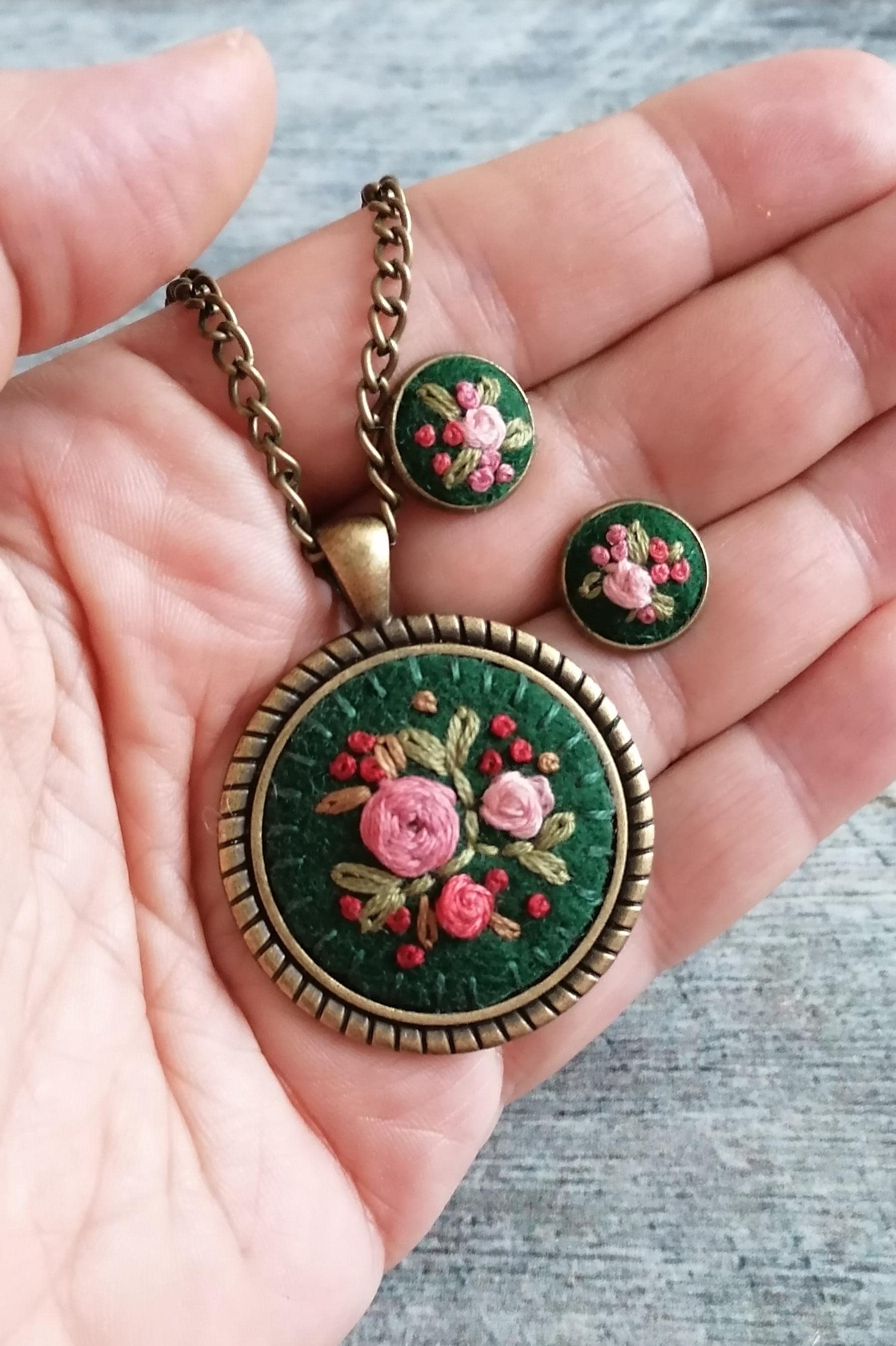 Hand Embroidered Necklace and Earrings, Pink Floral Rose Pendant, Dark Embroidery Necklace, photo 2