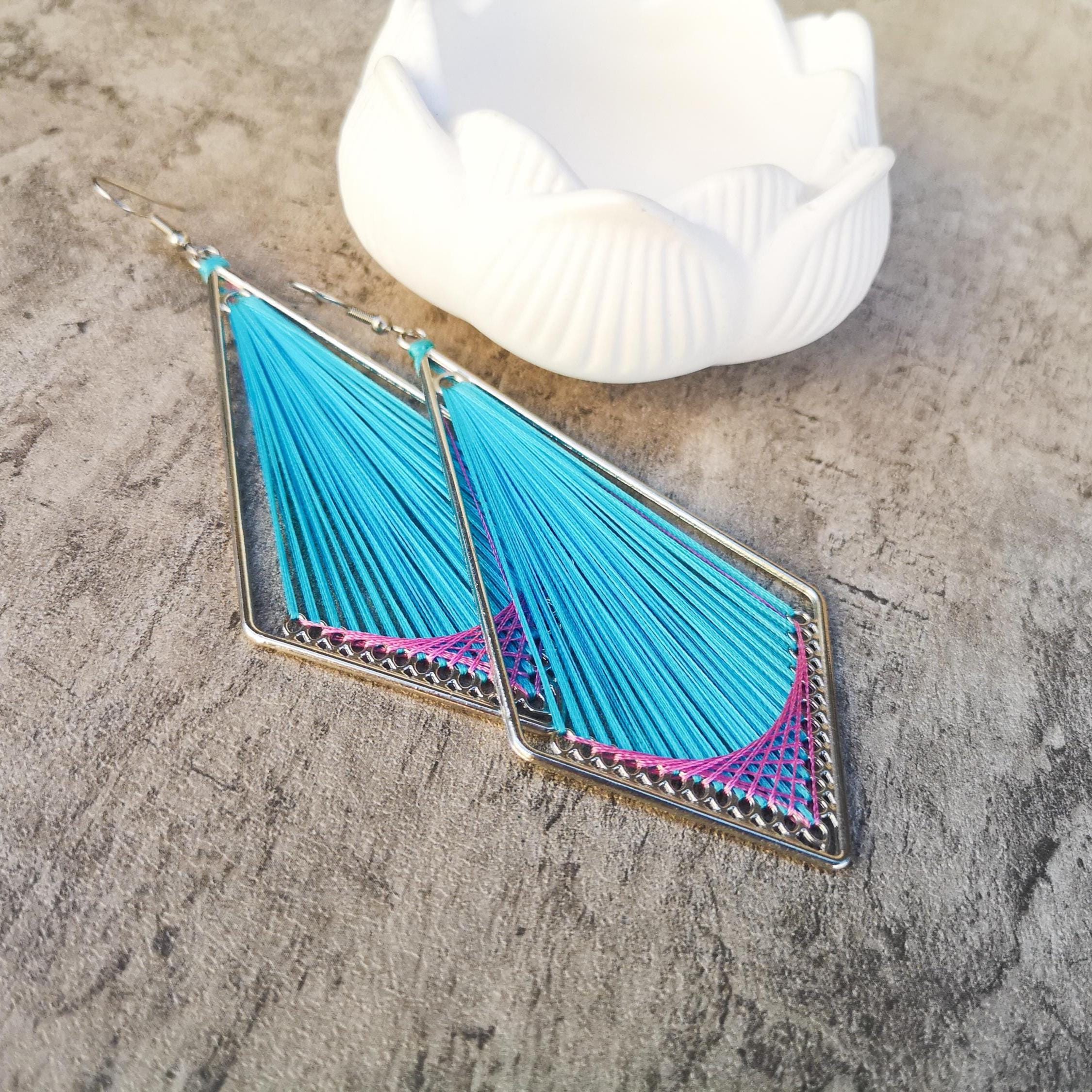 Peruvian thread teardrop earrings, Blue and pink dangle earrings