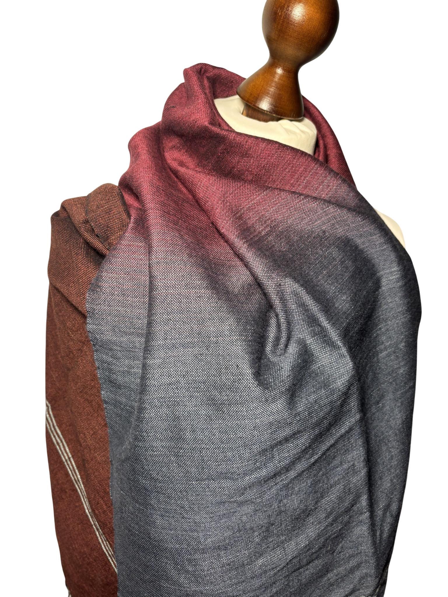 Hand painted Gradient Merino Wool Scarf, Grey Burgundy Brown, Elegant Shawl, Personalized, Gift Card