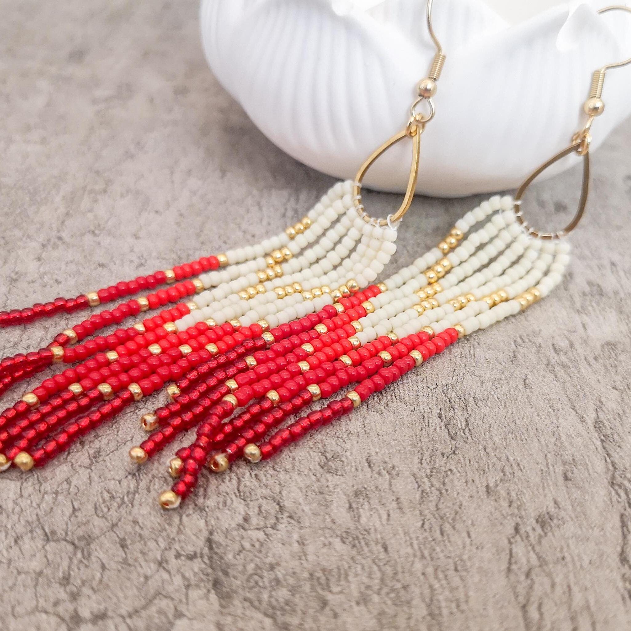 Dangle beaded fringe earrings, long earrings